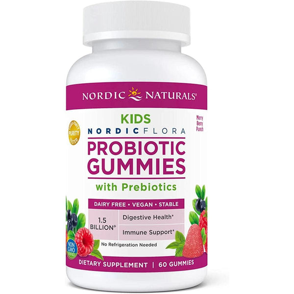Nordic Naturals Kids Flora Probiotic Gummies 1.5 Billion CFU with Prebiotic Fiber - Non-GMO Vegan Merry Berry Punch 60 Gummies