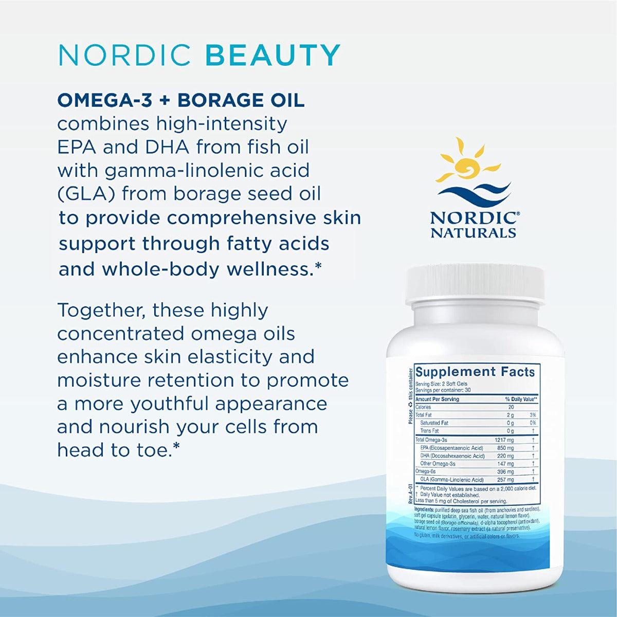 Nordic Naturals Nordic Beauty Omega 3 Plus Borage Oil GLA for Healthy Skin Non-GMO 60 Soft Gels