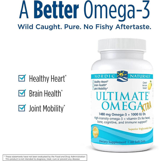 Nordic Naturals Ultimate Omega Xtra Lemon Flavor 1480 mg Omega-3 + 1000 IU Vitamin D3 60 Soft Gels