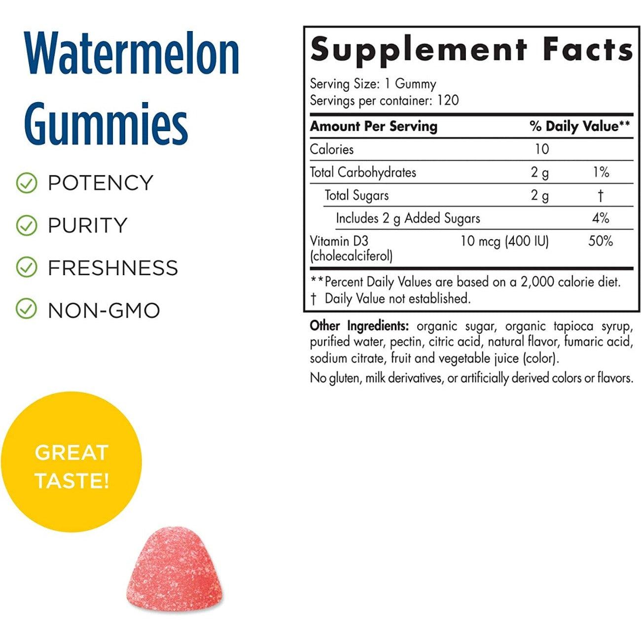 Nordic Naturals Vitamin D3 400 IU Gummies for Kids ages 4 and above Wild Watermelon Splash 120 Gummies Non-GMO, Vegetarian