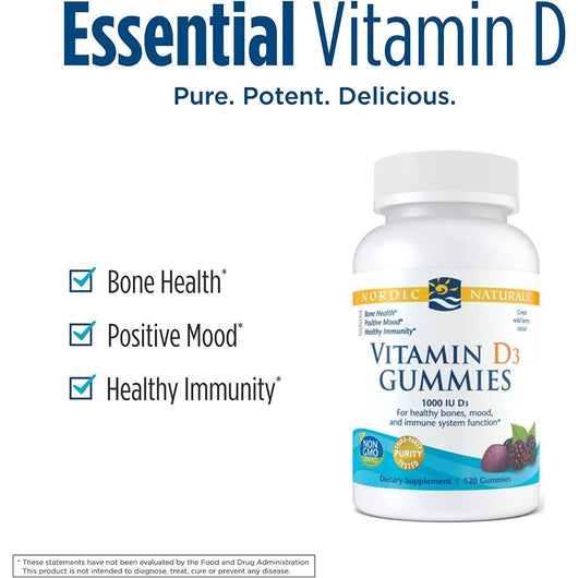 Nordic Naturals Vitamin D3 Gummies Wild Berry 1000 IU Vitamin D3 Great Taste 120 Gummies