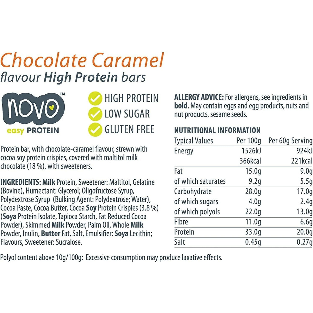 Novo Low Sugar Super Soft High Protein Bar Chocolate Caramel Gluten Free Keto Friendly 60g