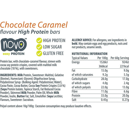 Novo Low Sugar Super Soft High Protein Bar Chocolate Caramel Gluten Free Keto Friendly 60g