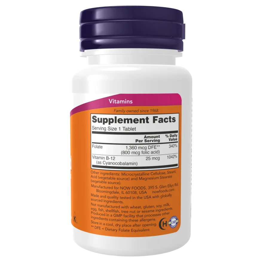 Now Folic Acid 800 mcg with Vitamin B-12 B-Complex Vitamin 250 Vegetarian Tablets