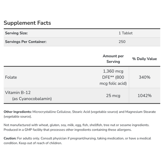 Now Folic Acid 800 mcg with Vitamin B-12 B-Complex Vitamin 250 Vegetarian Tablets