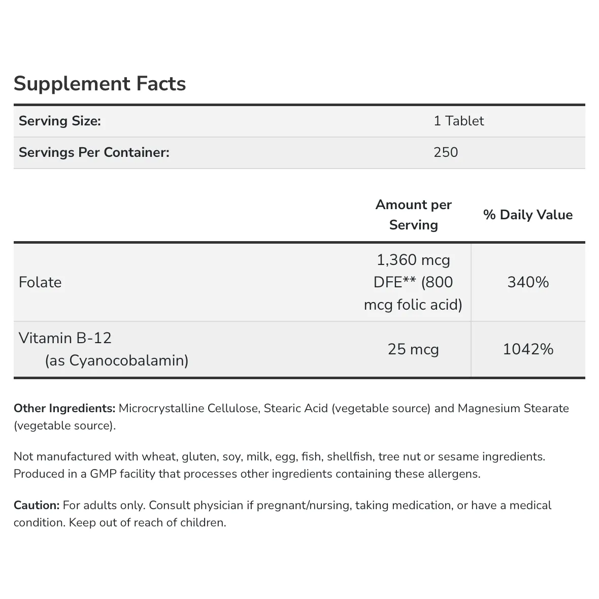 Now Folic Acid 800 mcg with Vitamin B-12 B-Complex Vitamin 250 Vegetarian Tablets