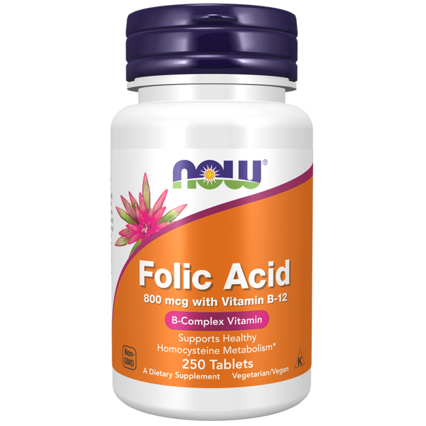 Now Folic Acid 800 mcg with Vitamin B-12 B-Complex Vitamin 250 Vegetarian Tablets