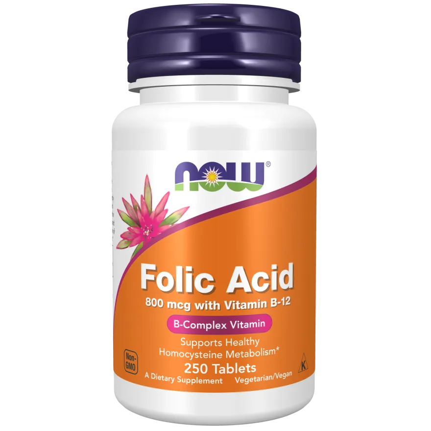 Now Folic Acid 800 mcg with Vitamin B-12 B-Complex Vitamin 250 Vegetarian Tablets