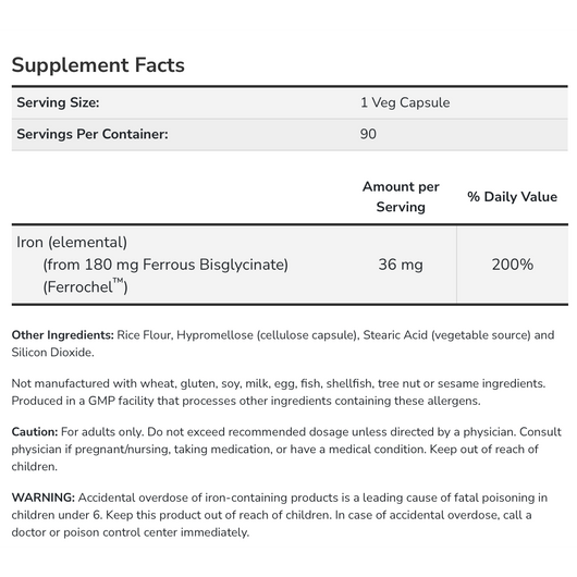 Now Iron 36 mg, Double Strength as Iron Bisglycinate 90 Veg Capsules