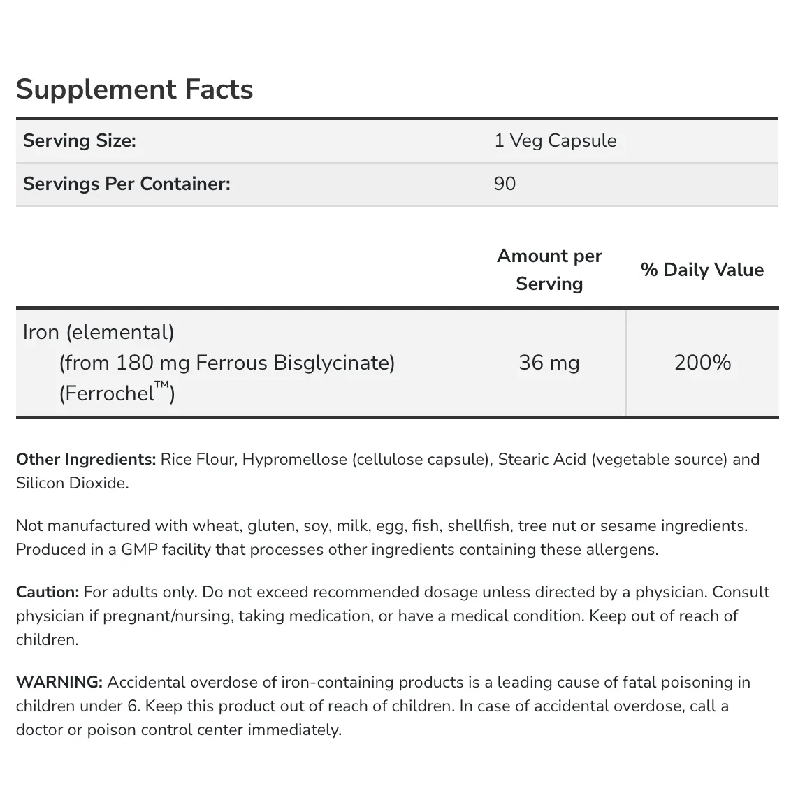 Now Iron 36 mg, Double Strength as Iron Bisglycinate 90 Veg Capsules