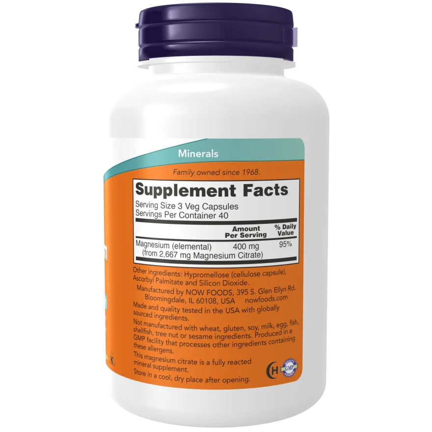 Now Magnesium Citrate 400mg 120 Vegetable Capsules