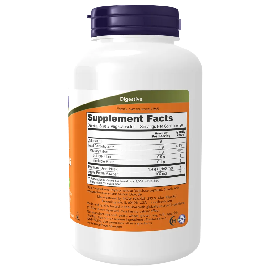 Now Psyllium Husk Capsules 700 mg With 50 mg of Apple Pectin High Fiber for Intestinal Health 180 Veg Capsules