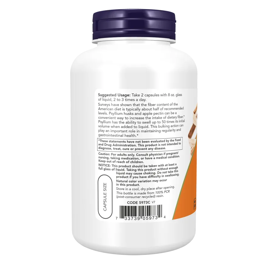 Now Psyllium Husk Capsules 700 mg With 50 mg of Apple Pectin High Fiber for Intestinal Health 180 Veg Capsules