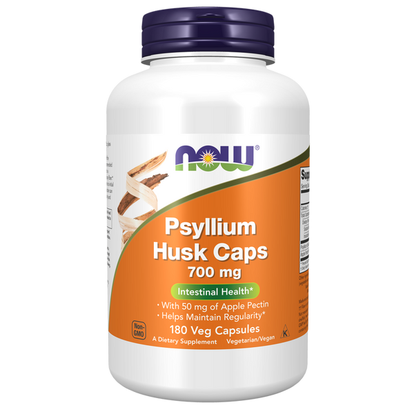 Now Psyllium Husk Capsules 700 mg With 50 mg of Apple Pectin High Fiber for Intestinal Health 180 Veg Capsules