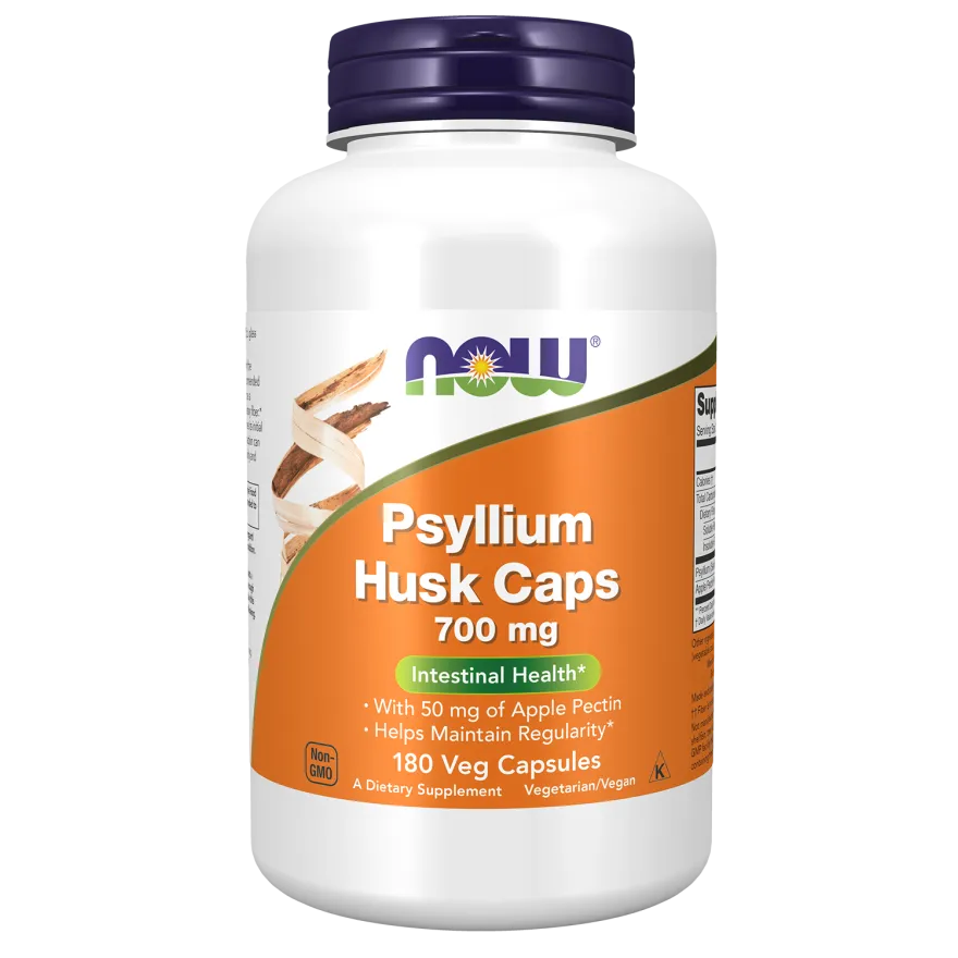 Now Psyllium Husk Capsules 700 mg With 50 mg of Apple Pectin High Fiber for Intestinal Health 180 Veg Capsules