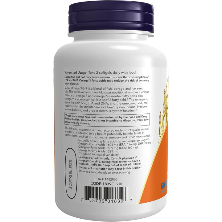 Now Super Omega 3-6-9 1200mg from Borage, Flax Seed and Fish Oil 90 Softgels