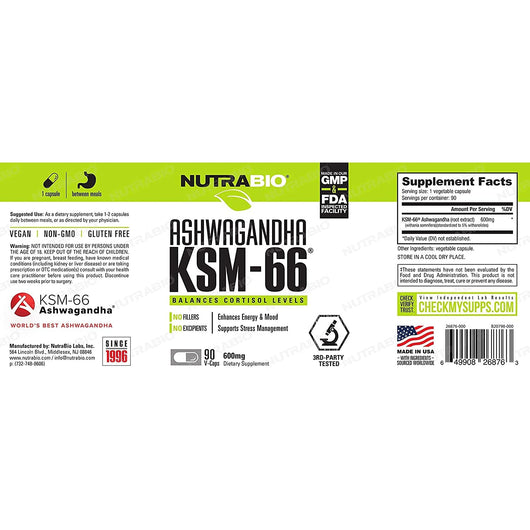 NutraBio Ashwagandha KSM-66 60 Vegetable Capsules