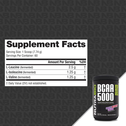 NutraBio BCAA 5000 Powder - Vegan Fermented BCAAs Zero Fat, Sugar, and Carbs 464g 60 Servings - Grape Berry Crush