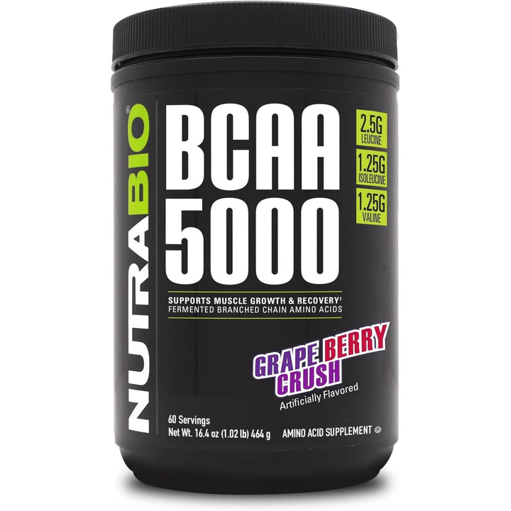 NutraBio BCAA 5000 Powder - Vegan Fermented BCAAs Zero Fat, Sugar, and Carbs 464g 60 Servings - Grape Berry Crush