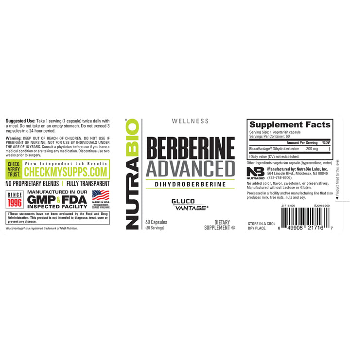 NutraBio Berberine Advanced (200 mg) 60 Vegetarian Capsules