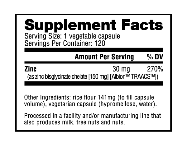 NutraBio Chelated Zinc Glycinate 30mg 120 Vegetable Capsules