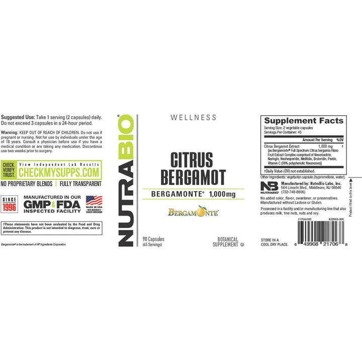 NutraBio Citrus Bergamot 1000mg 90 Vegetable Capsules