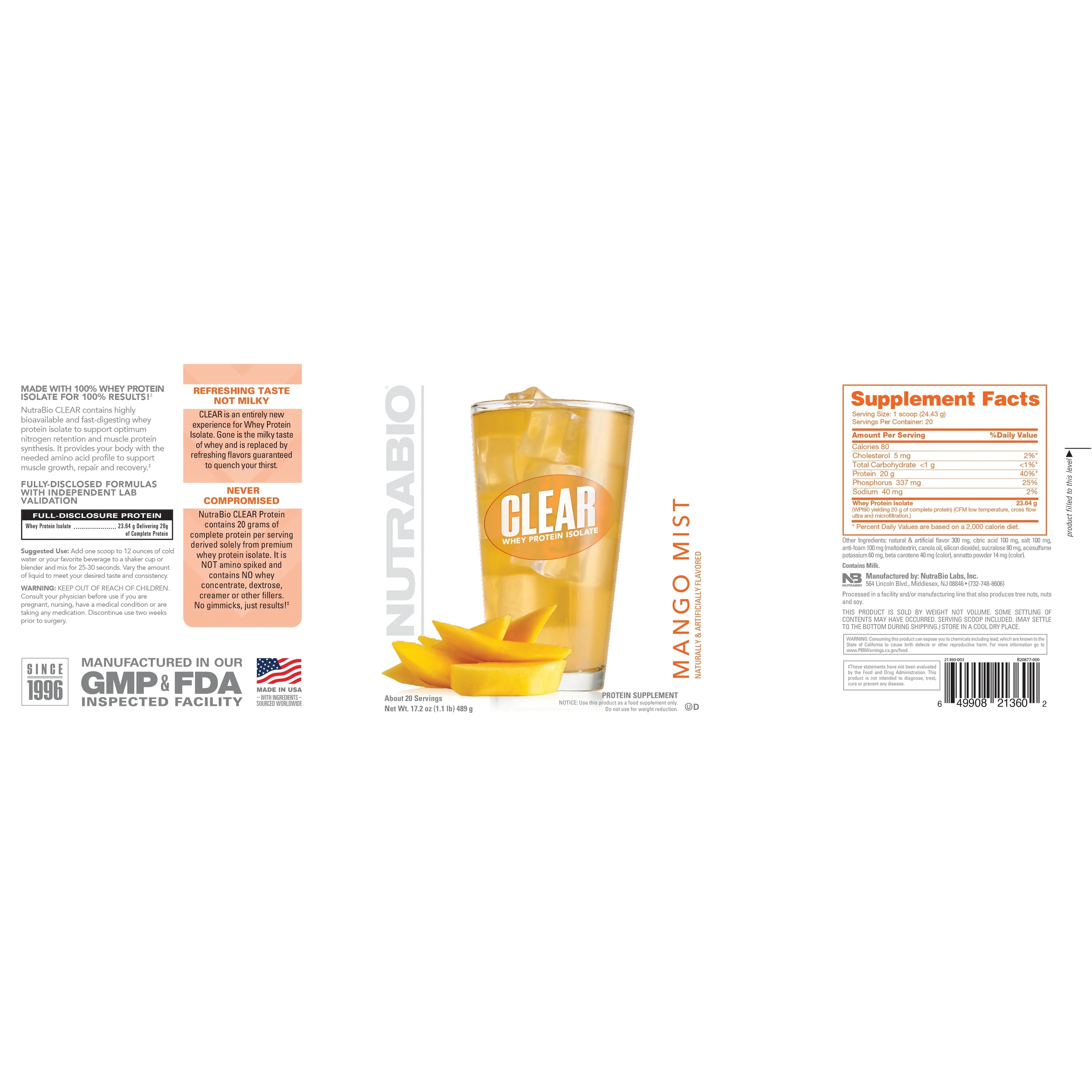 NutraBio Clear Whey Protein Isolate Clear Whey Protein Isolate – Mango Mist 499g