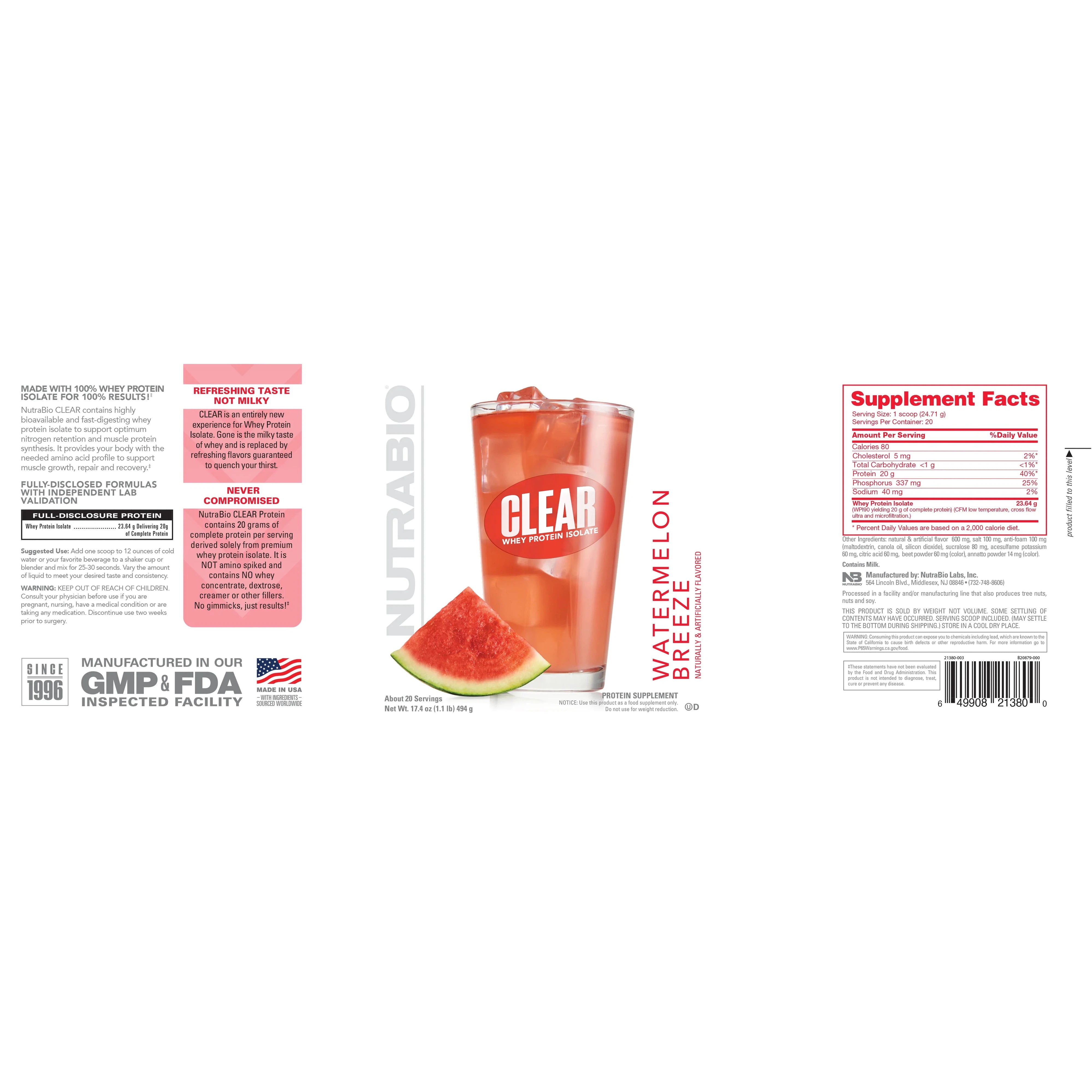 NutraBio Clear Whey Protein Isolate Clear Whey Protein Isolate – Watermelon Breeze 499g