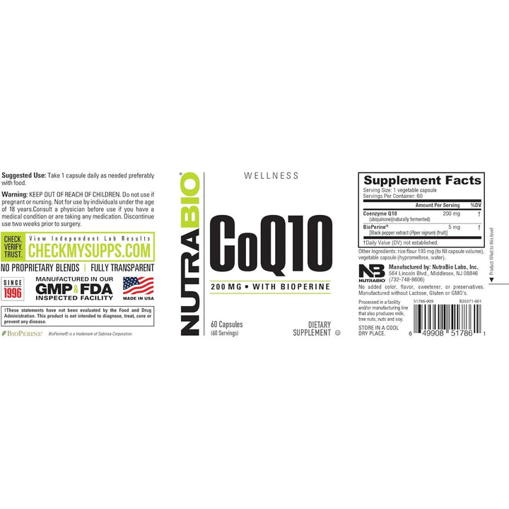 NutraBio CoQ10 with Bioperine 200mg 60 Vegetable Capsules