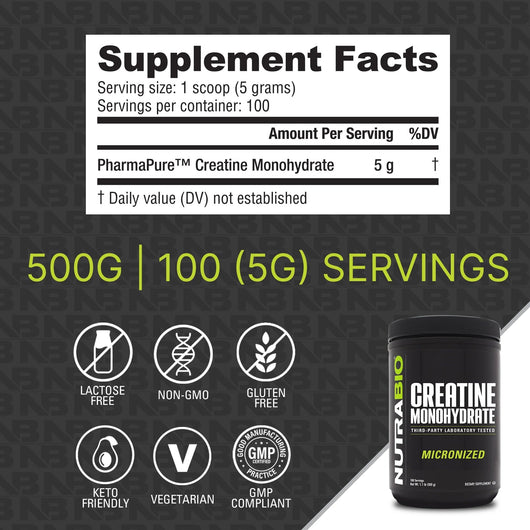 NutraBio Creatine Monohydrate Supplement, Unflavored, (500 g) - Supports Muscle Energy, Recovery, and Strength