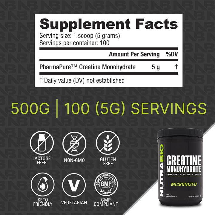 NutraBio Creatine Monohydrate Supplement, Unflavored, (500 g) - Supports Muscle Energy, Recovery, and Strength