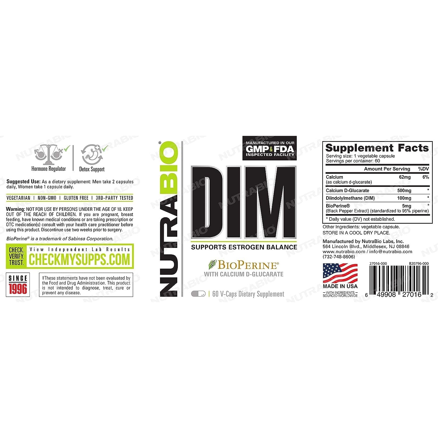NutraBio DIM with BioPerine, Supports Estrogen Balance, 60 Vegetable C ...