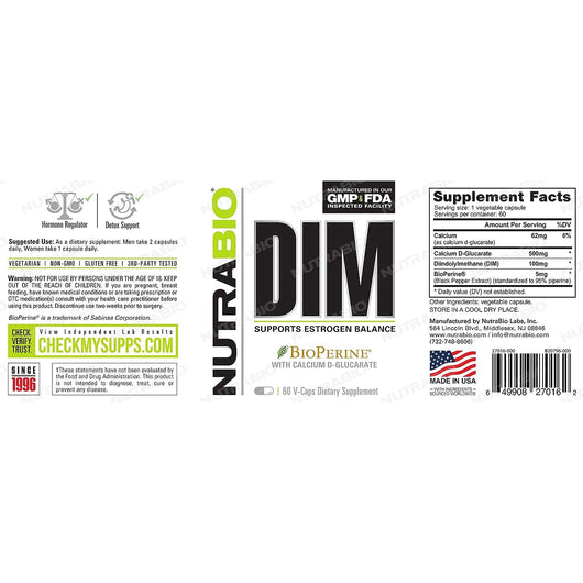 NutraBio DIM with BioPerine, Supports Estrogen Balance, 60 Vegetable Capsules Gluten Free