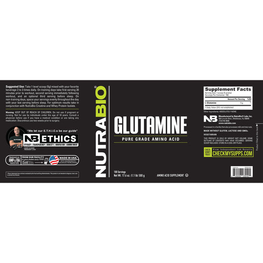 NutraBio Glutamine Pure Grade Amino Acid 500g