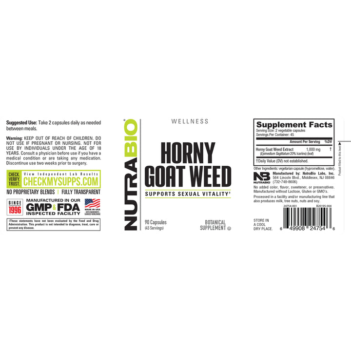 NutraBio Horny Goat Weed (500mg) 90 Vegetrian Capsules