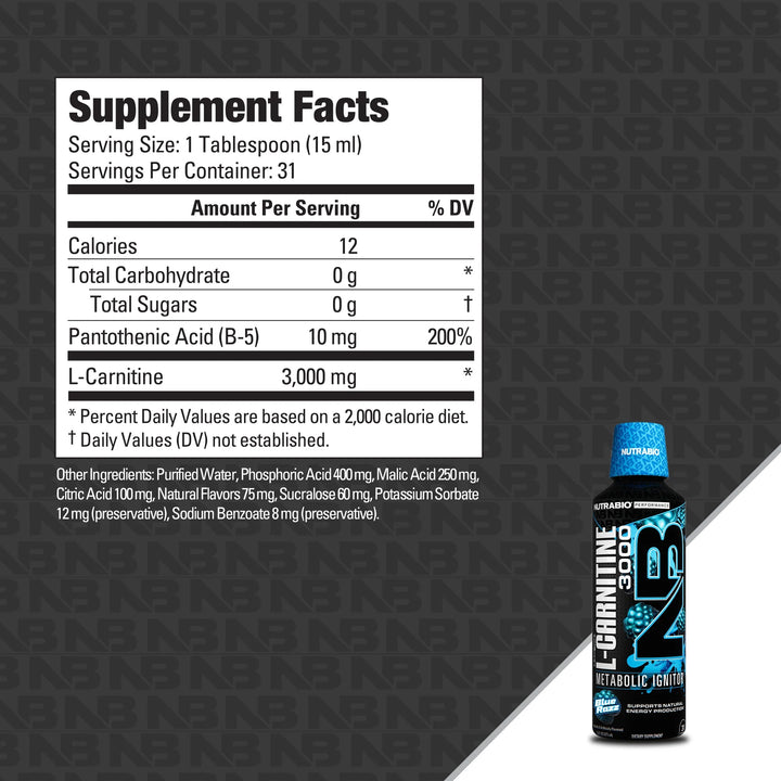 NutraBio – L-Carnitine Liquid Shots 3000mg, Blue Razz Zero Carbs & Sugars For Energy Production and Muscle Recovery 473ml