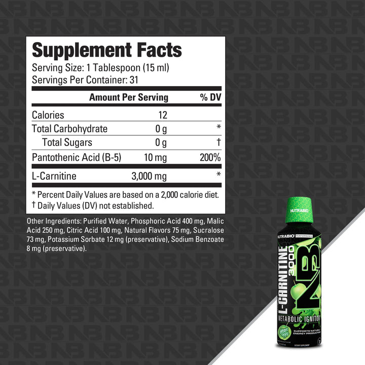 NutraBio – L-Carnitine Liquid Shots 3000mg, Green Apple Zero Carbs & Sugars For Energy Production and Muscle Recovery 473ml