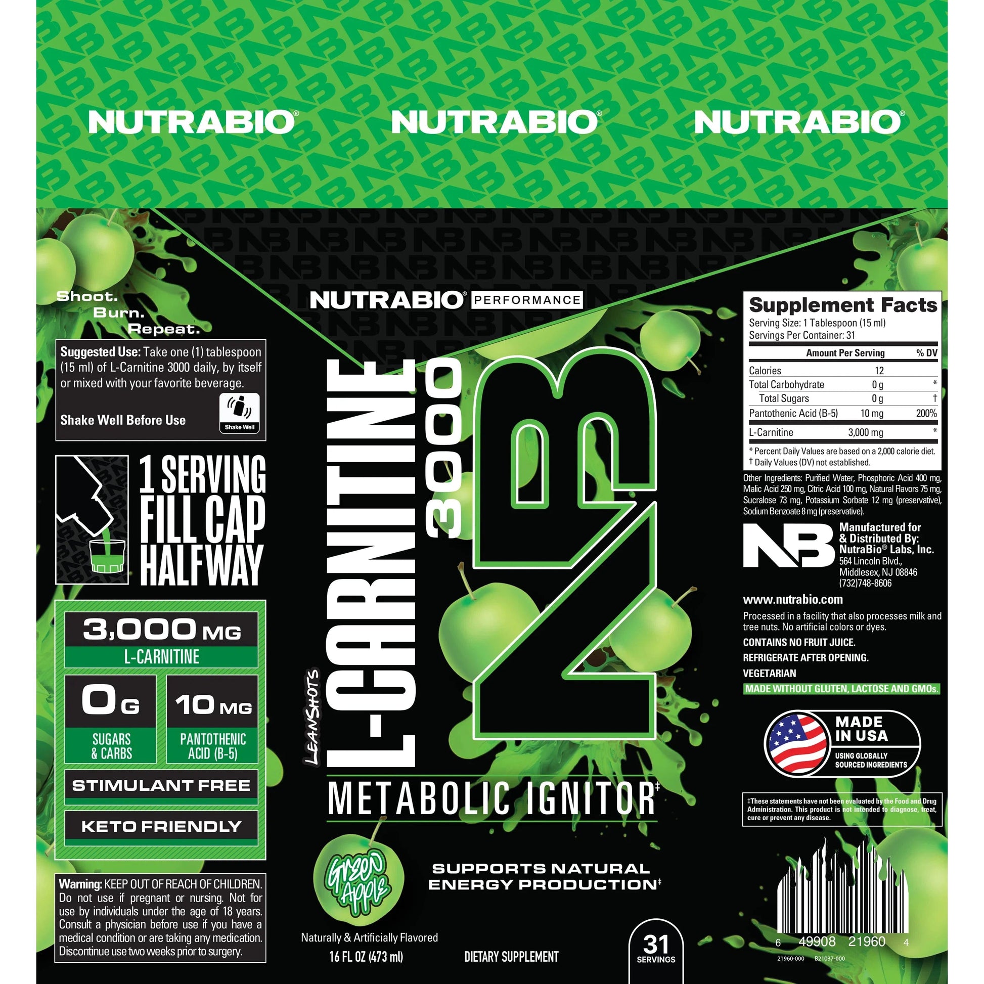 NutraBio L-Carnitine Liquid Shots 3000mg, Green Apple Zero Carbs & S Healthland Co. NutraBio L-Carnitine Liquid Shots 3000mg, Green Apple Zero Carbs & S Healthland Co.