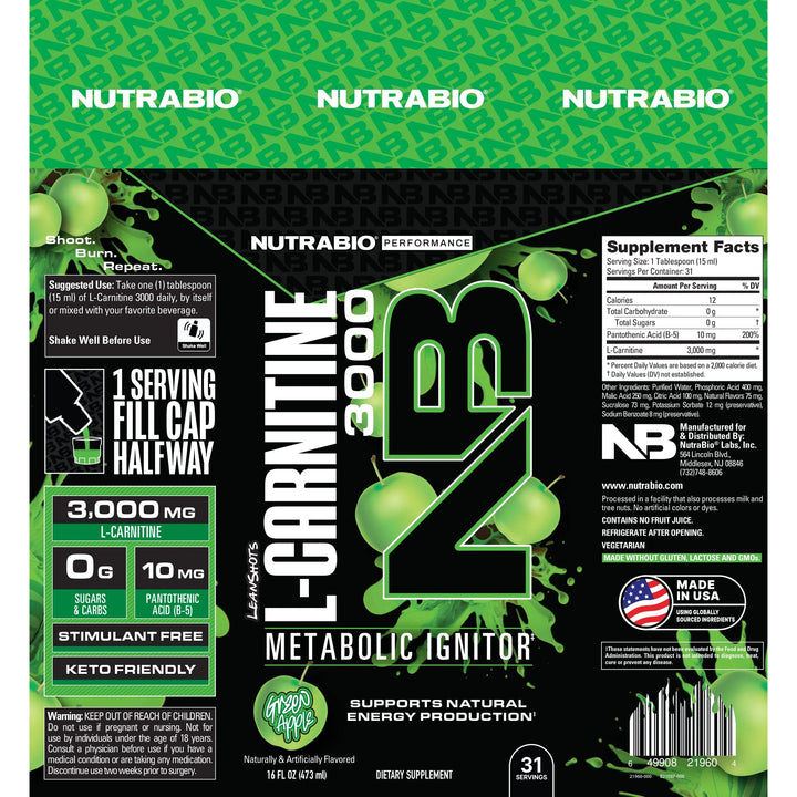 NutraBio – L-Carnitine Liquid Shots 3000mg, Green Apple Zero Carbs & Sugars For Energy Production and Muscle Recovery 473ml