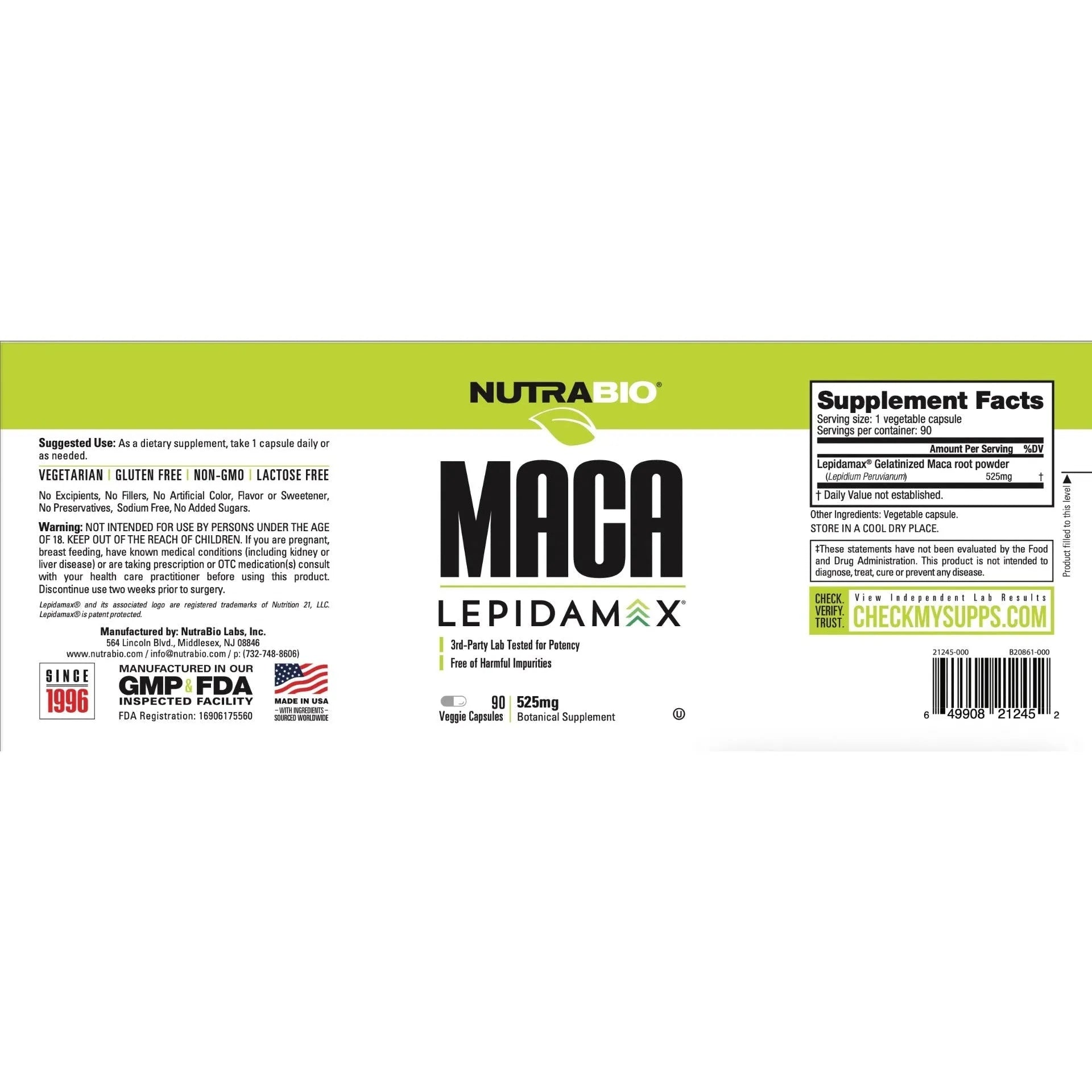 NutraBio Maca Lepidamax 525mg 90 Vegetable Capsules Gluten Free NonGMO