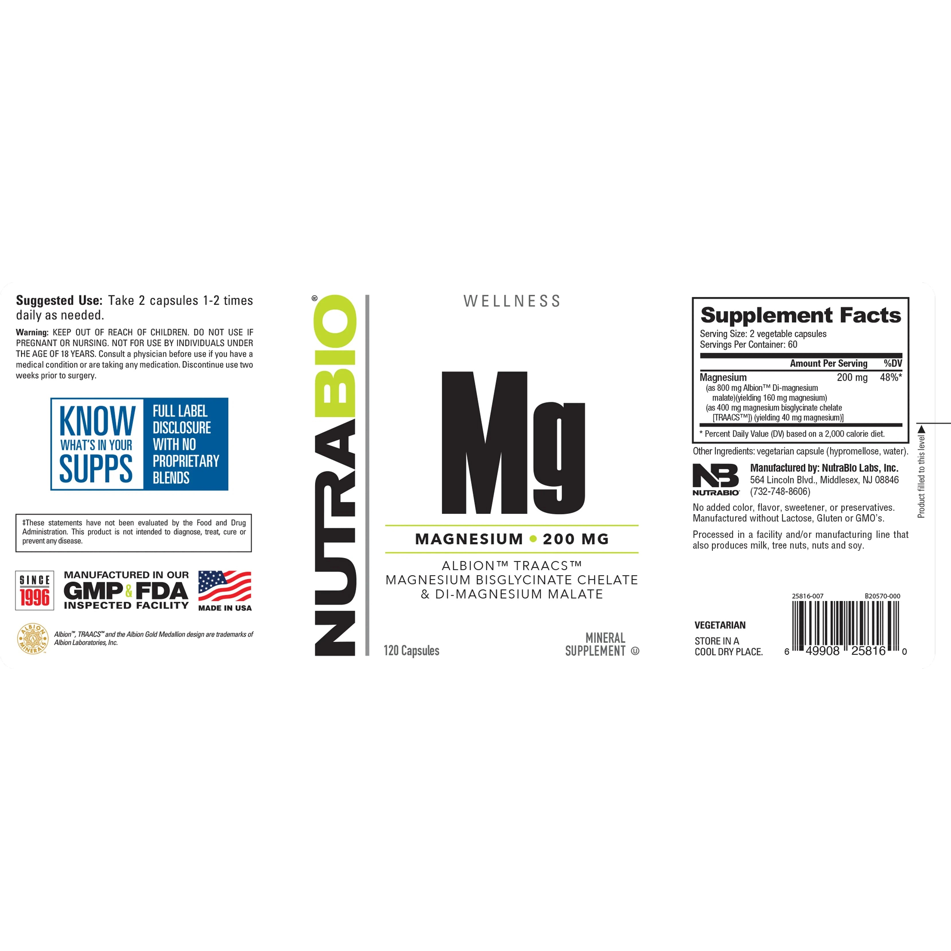 NutraBio Magnesium Complex (200 mg) Magnesium Bisglycinate Chelate & Magnesium Malate 120 Vegetarian Capsules