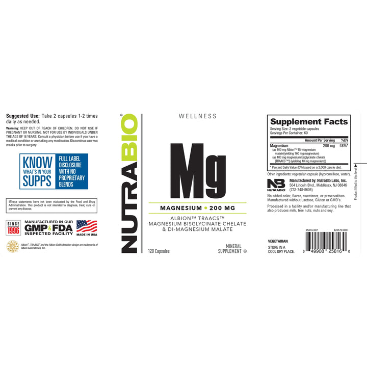 NutraBio Magnesium Complex (200 mg) Magnesium Bisglycinate Chelate & Magnesium Malate 120 Vegetarian Capsules