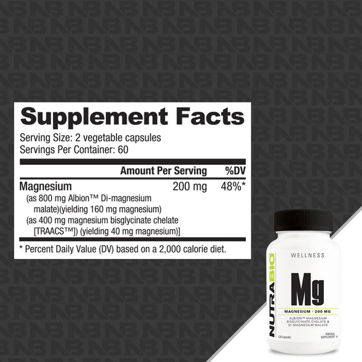 NutraBio Magnesium Complex (200 mg) Magnesium Bisglycinate Chelate & Magnesium Malate 120 Vegetarian Capsules