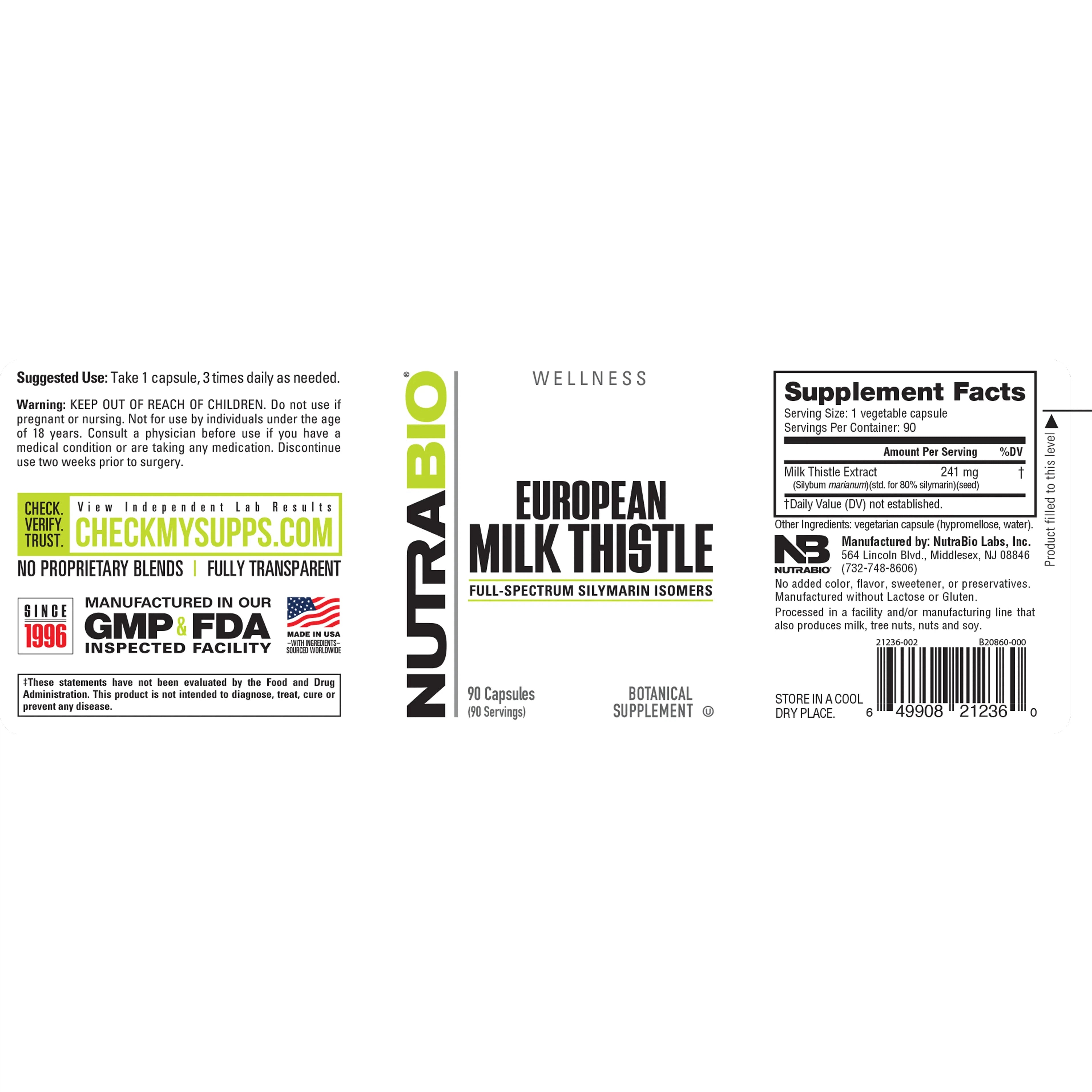 NutraBio Milk Thistle (European) 90 Vegetarian Capsules