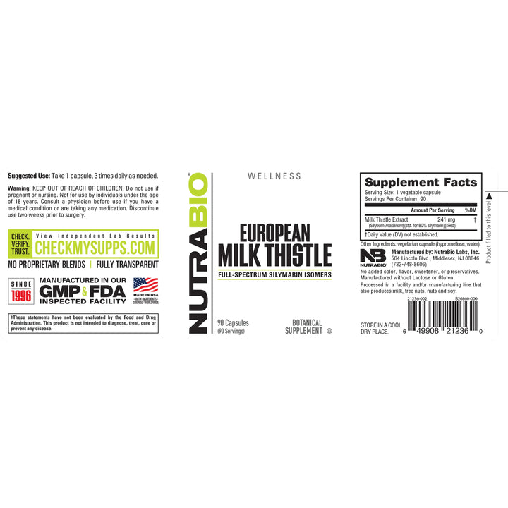 NutraBio Milk Thistle (European) 90 Vegetarian Capsules