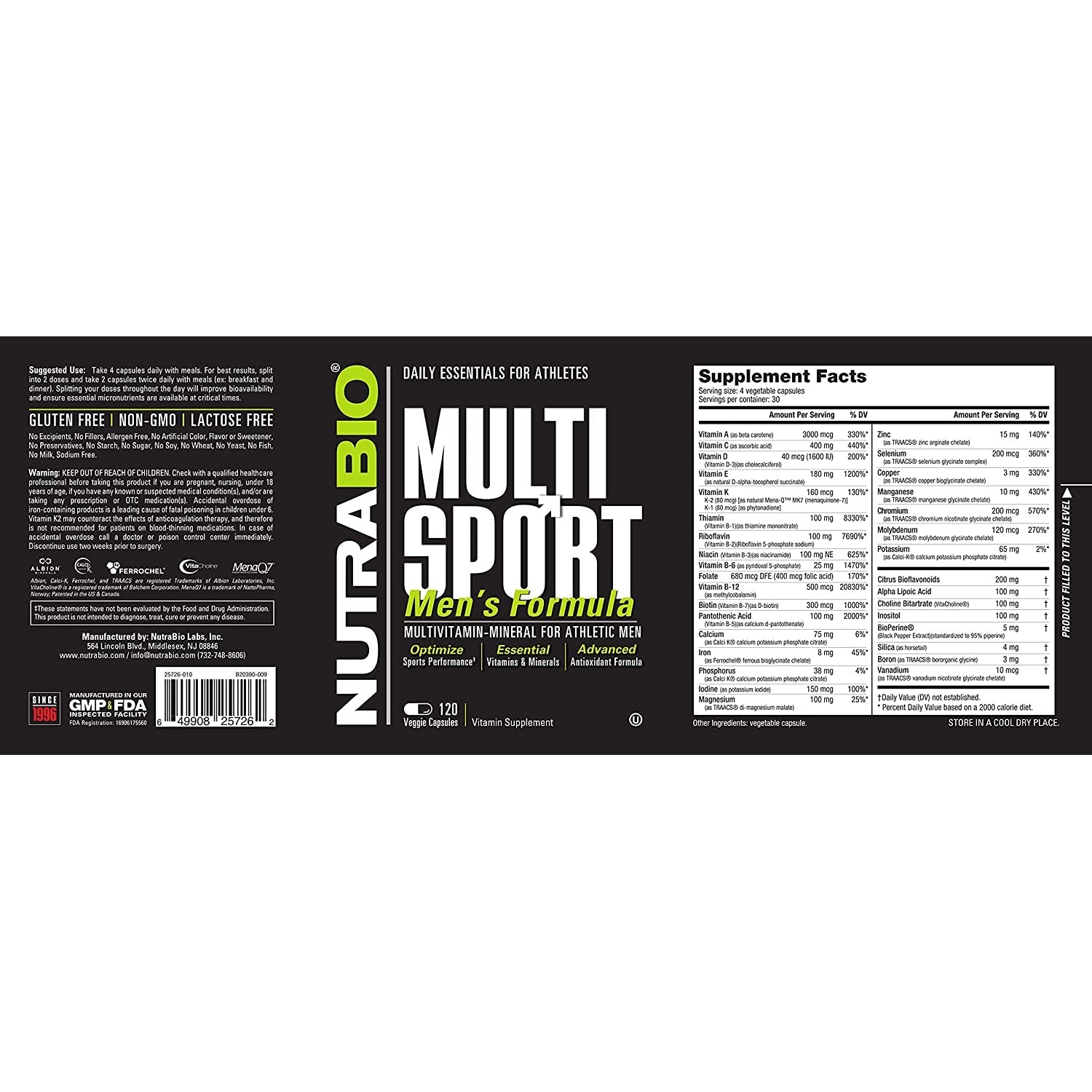 NutraBio MultiSport Men's Multivitamin and Minerals Formula 120 Veggie Caps