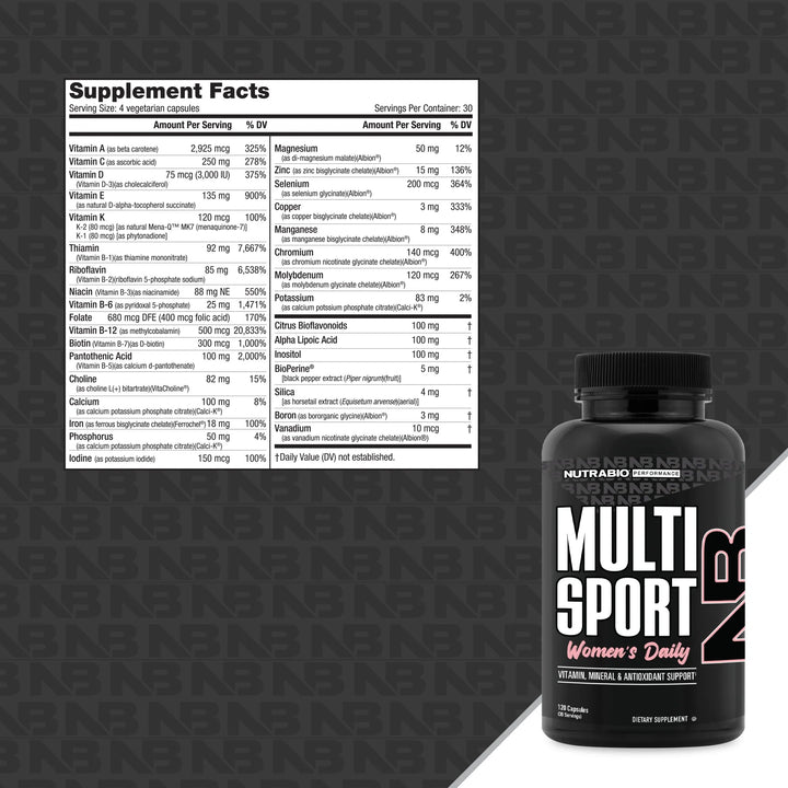 NutraBio MultiSport Women's Multivitamin and Minerals Formula 120 Veggie Caps