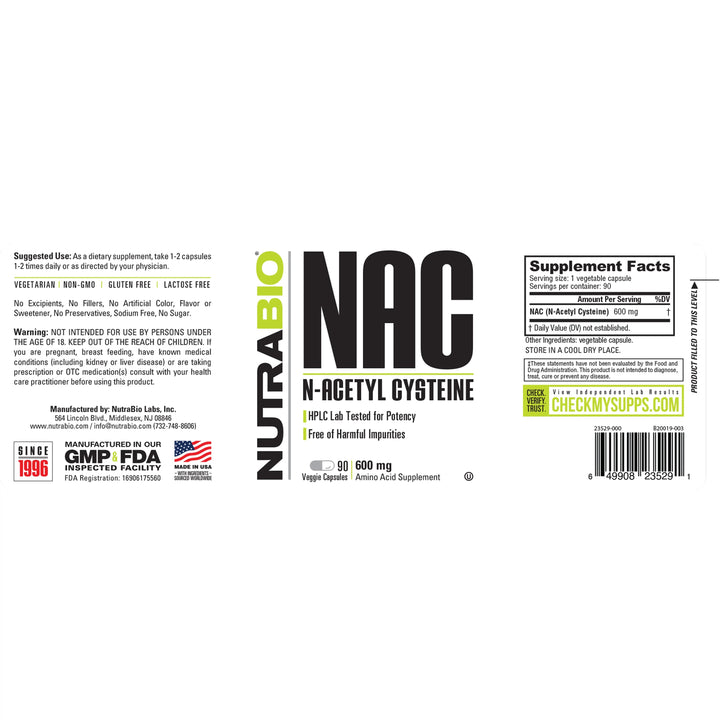 NutraBio NAC N-Acetyl-Cysteine 600 mg 90 Vegetable Capsules