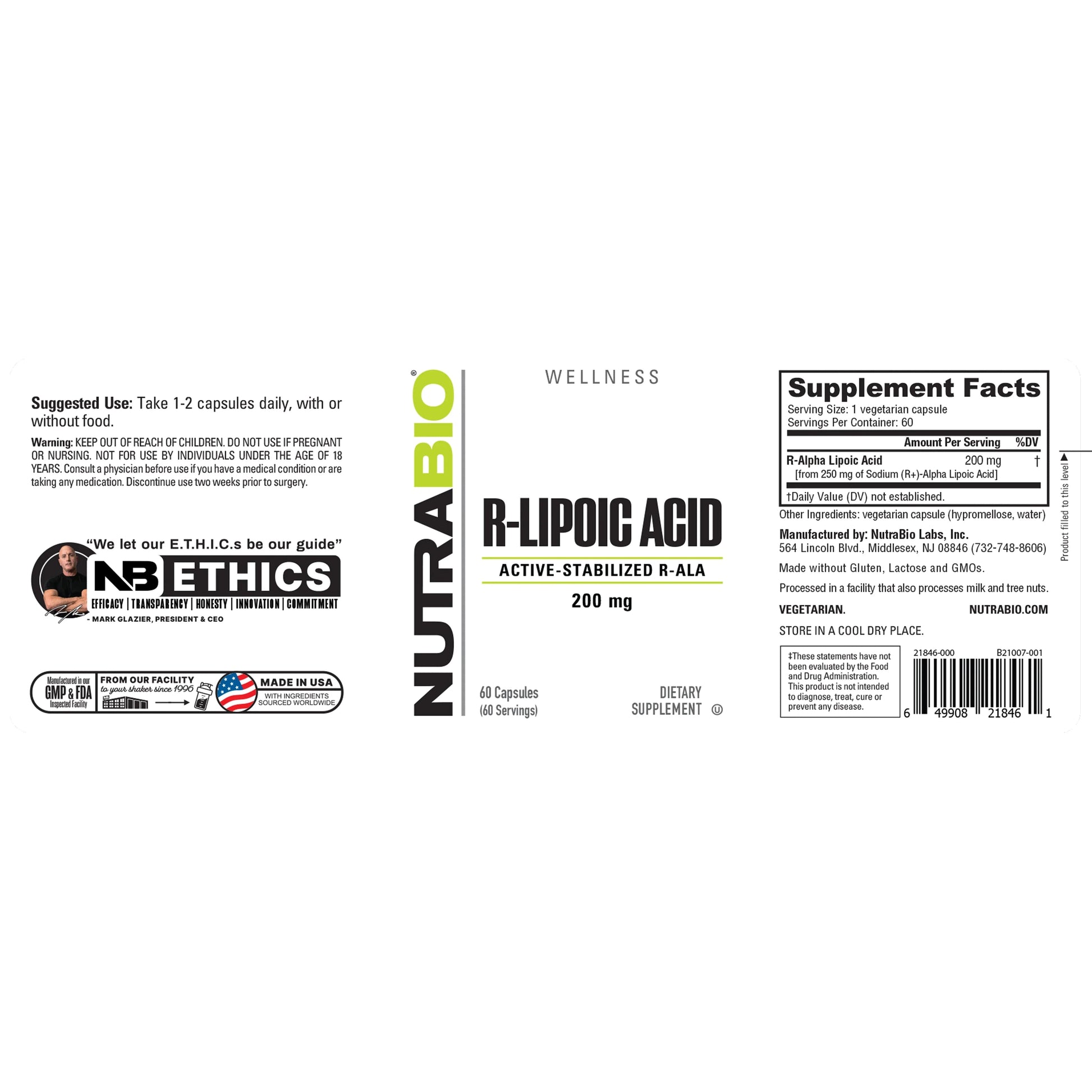 NutraBio R-Lipoic Acid (Active-Stabilized R-ALA) – 60 Vegetarian Capsules