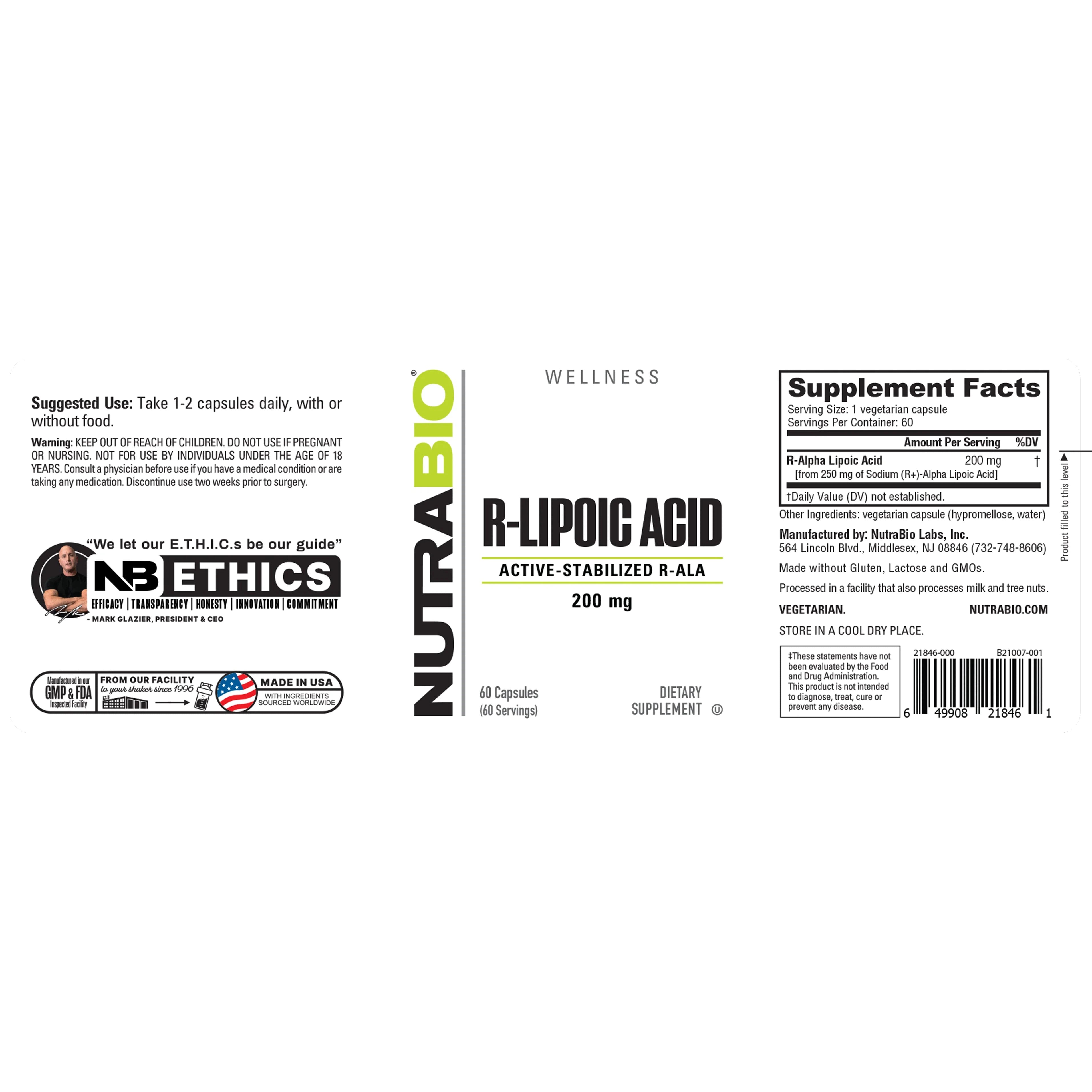 NutraBio R-Lipoic Acid (Active-Stabilized R-ALA) – 60 Vegetarian Capsules